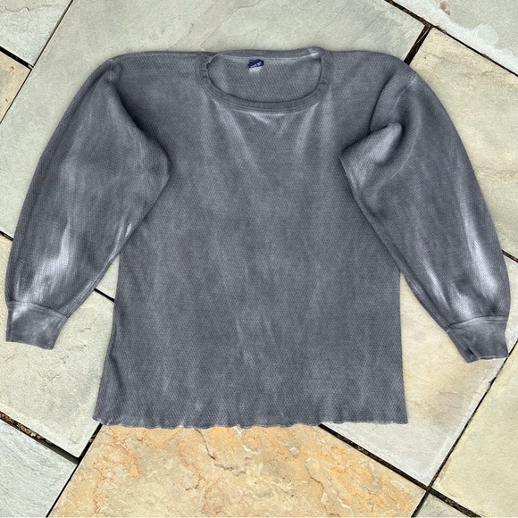 SOLD - Vintage 80s Overdyed Upcycled Grey Black Waffle Knit Thermal Made in USA - Picture 1 of 8